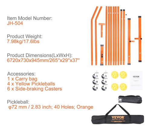 Red De Pickleball Portatil Tamaño Reglamentario 22ft
