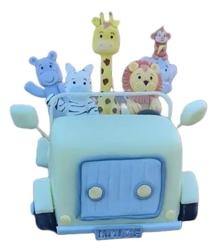 Adorno En Porcelana Fria Para Torta Auto Safari Con Animales