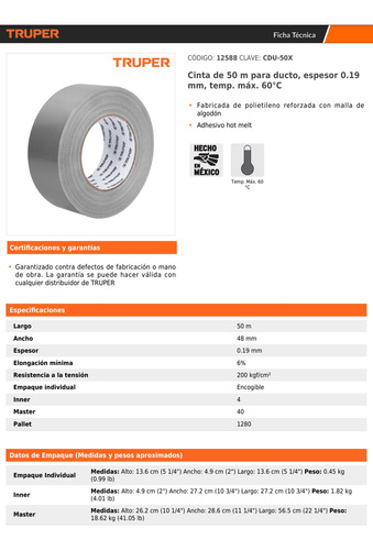 12588 Cinta Gris Para Ducto 48 Mm X 50 Mt 1 Pza. Truper
