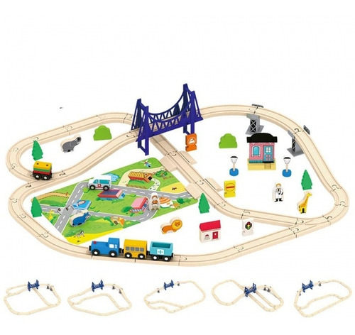 Imagen 1 de 7 de Tren Vias 65 Pzs Pista Puente Y Animales Madera Acool Ac7509