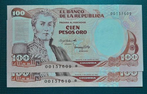 2 Billetes Reposicion Consecutivos, 100 Pesos Unc, Año 1983.
