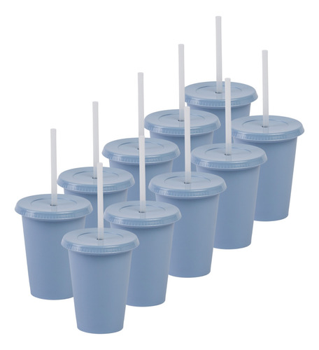 12 Vasos Reusables Tipo Star 12 Oz Con Tapa Plana Azul Pastel
