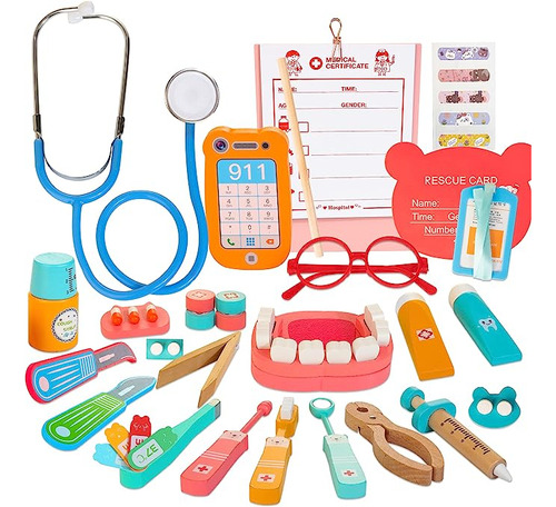 Kit De Dentista De Madera Para Niños, Kit Médico De Juguete 