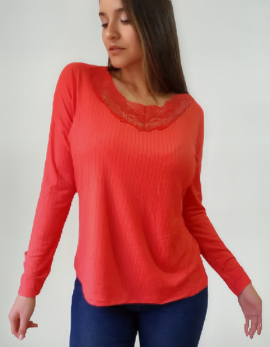 Polera Algodón Mujer Manga Larga Con Encaje