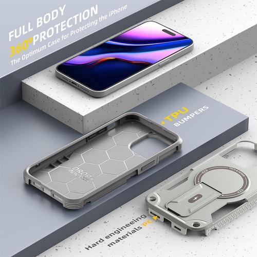 Funda Armor C/ Soporte Correa Antirobo Magsafe Para Iphone Plateado 16 Pro Max