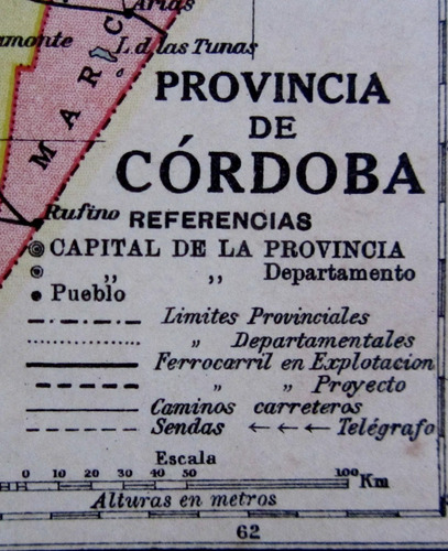 Mapa Cordoba 1920 Telegrafo Ferrocarril Pueblo Plano (Usado)