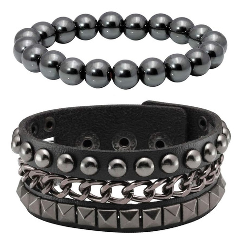 Eigso 2 Pulseras De Cuero Negro Para Hombres Y Mujeres, Braz