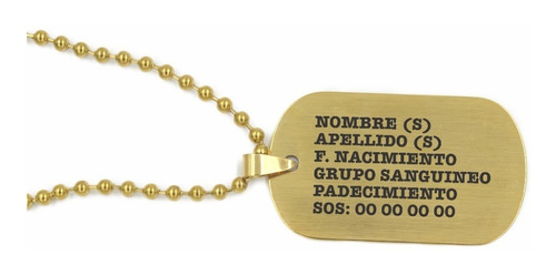 Imagen 2 de 5 de Placa Militar Dorada Personalizada Laser Con Cadena