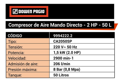 Compresor de aire eléctrico Dowen Pagio CA2050SP 50L 2hp 220V 50Hz naranja