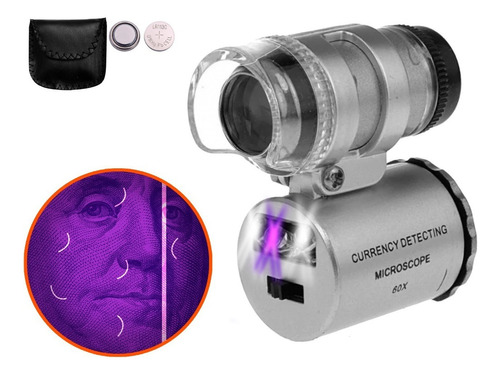 Microscopio Lupa Aumento 60x Luz Led Y Uv Billetes Falsos Color Gris