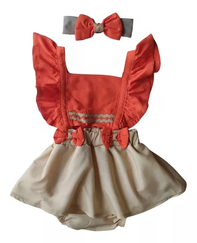 Jardineira body romper bebê com tiara mesvesário moana no Shoptime