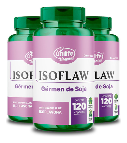 Kit Com 3 Isoflavona Germen De Soja 120 Cápsulas - Unilife Sabor Sem sabor