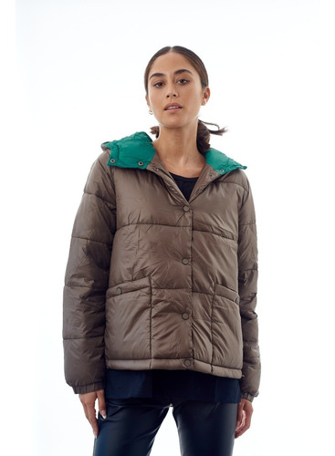 Campera Puffer Nylon Combinada Bolsillo Impermeable Invierno