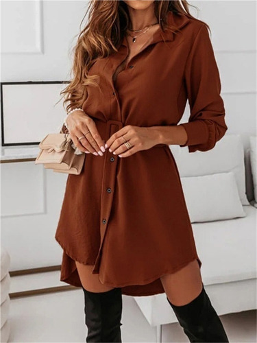 A Vestido Camisero De Manga Larga Con Botones Y Cinturón