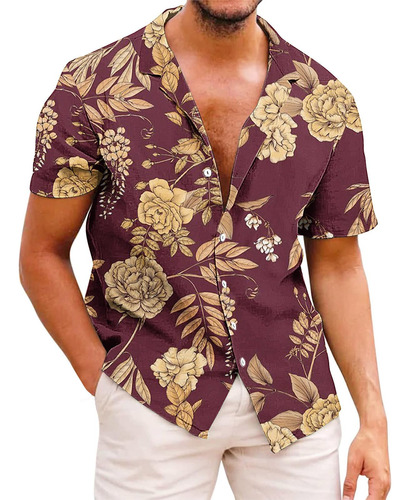 Camisa Hawaiana Tropical Para Hombre Manga Corta Casual