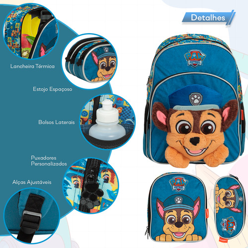 Kit Mochila Escolar Masculina Patrulha Canina Reforçada