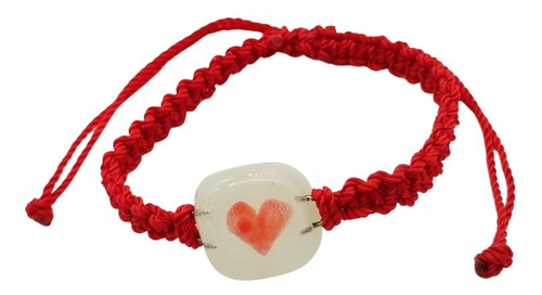 Imagen 1 de 7 de Pulsera Tejida Macramé Corazón Rojo Pintado A Mano Vidrio