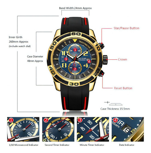 Relojes Cronógrafo Deportivo Megir Gentleman 2045 Color Del Bisel Golden Black