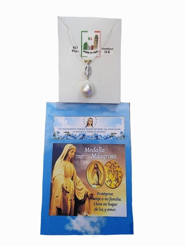 Colgante Virgen De Los Rayos Plata + Gota Perla, Plata Y Oro