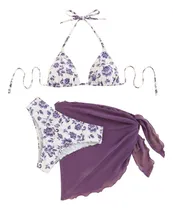 Comprar Bikini Telma Morado 3 Piezas Estampado De Flores - Talla M