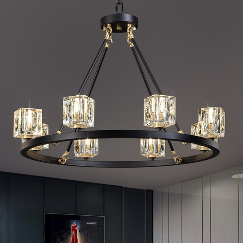 Candelabro De Rueda De Carro Negro Con 8 Luces De Cristal