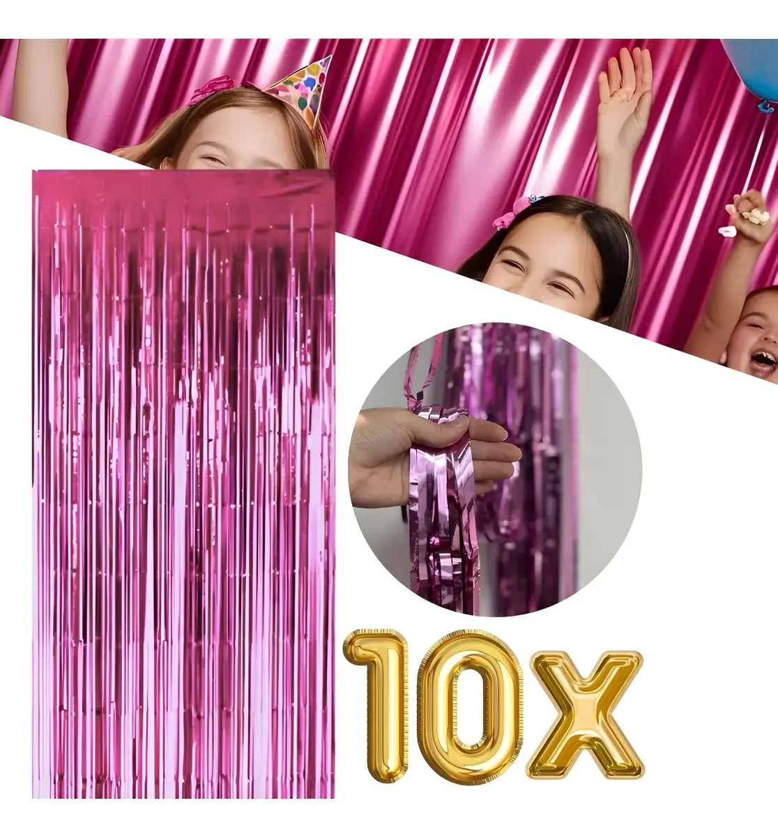 Kit 10 Cortinas Metalizada Lisa Franja 2x1m Festa Fitas Rose