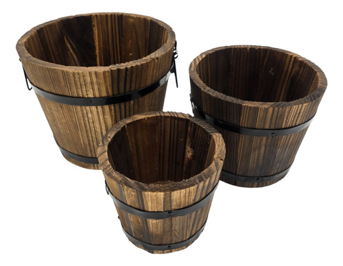 Set 3 Maceteros De Madera Tipo Barril Para Jardín Terrazas
