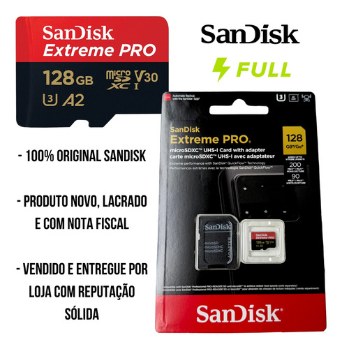 Cartão De Memória Sandisk Extreme Pro 128gb A2 V30 200mb/s