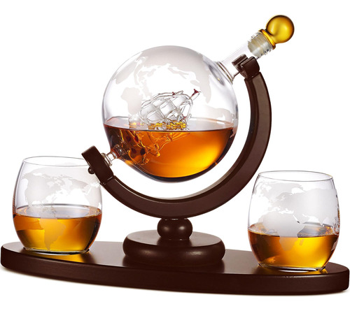 Whisky Decanter Globe Set Con 2 Vasos De Whisky Grabados - P