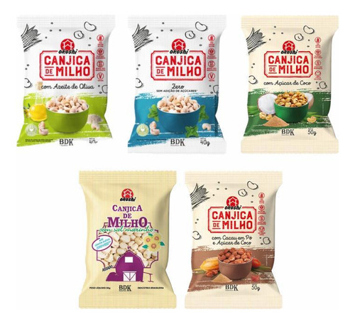 Kit 5 Canjicas Okoshi: Sal, Açúcar Coco, Cacau, Zero, Azeite