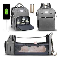 Comprar Bolso Mochila Maternal Bebe + Cuna Portatl Mosquitero Color Gris Oscuro Diseño De La Tela Liso