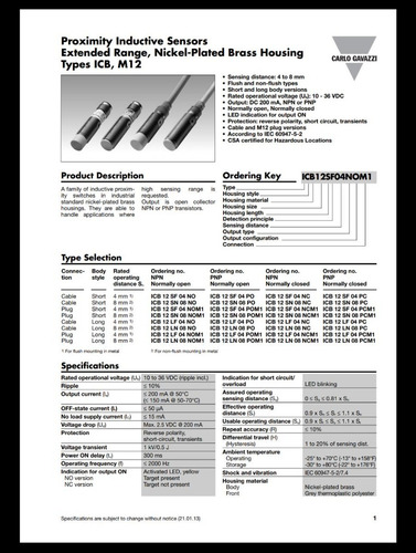 Inductive Proximity Sensor Icb12sf04po