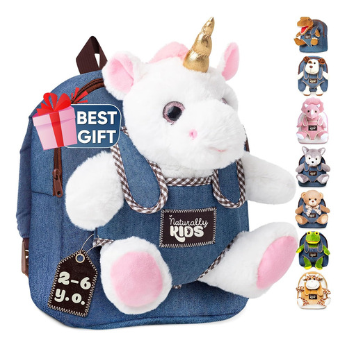 Mini Mochila Infantil Con Tela De Peluche- Unicornio/azul