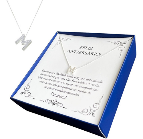 Presente Colar Feliz Aniversário Prata 925 Letra M Brilhante Cor Prateado