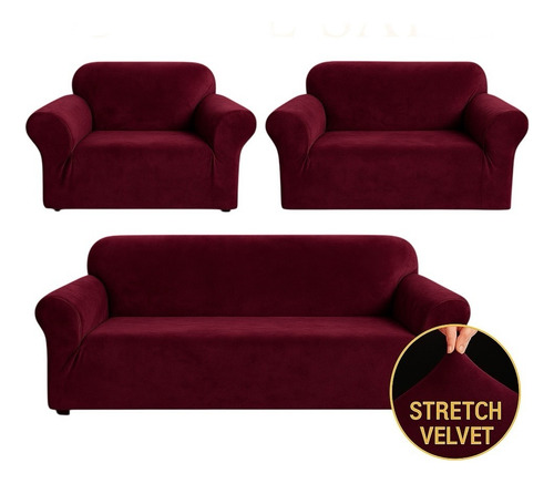 Funda Elastica Terciopelo Para Sala Juego 1-2-3 Plazas Vino Terciopelo
