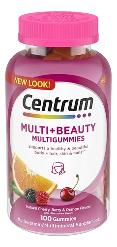 Centrum Multigummies Multi+ Beauty Multivitamínico De Doble Acción Sabores De Cereza, Baya Y Naranja, 100 Unidades