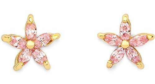 Aretes Con Forma De Flor De Circonio Cúbico: Oro De 14 K Sum