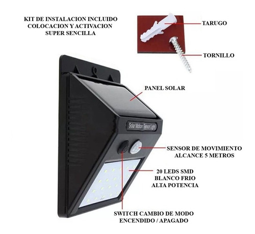 Imagen 7 de 10 de Aplique Reflector Led Panel Solar Con Sensor Movimiento 4w 20 Leds
