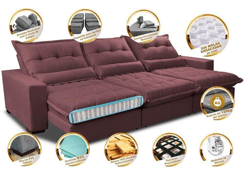 Sofá Retrátil Reclinável 3,52m Pocket Cama Inbox Soft Vinho