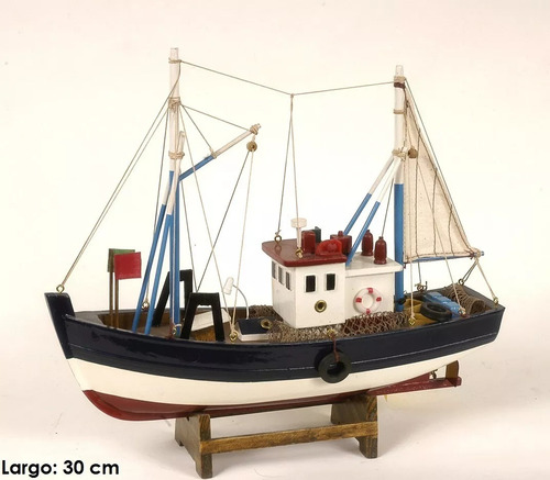 Barco De Madera Decorativo Pesquero Con Colección Miniatura
