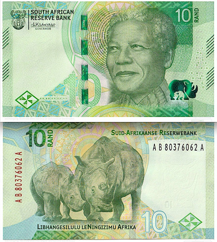 Billete De Sudáfrica 10 Rand Mandela & Rinocerontes Nvo.2023