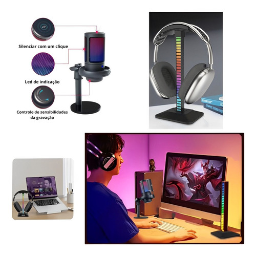Kit Microfone De Mesa E Suporte Led Rgb P/ Headset Gamer Cor Preto