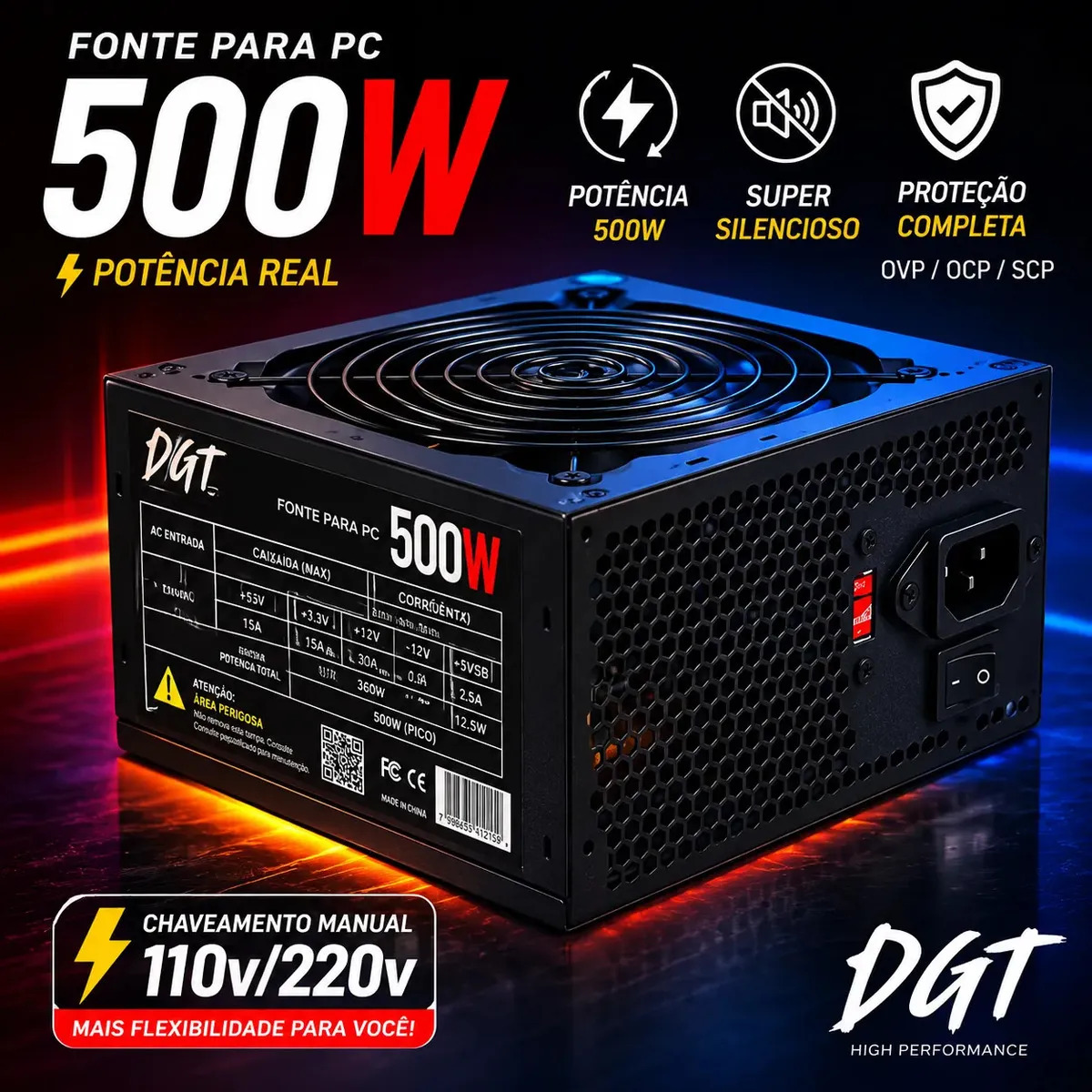 Fonte Alimentação Atx 500w 120mm Pc Computador Cooler 12cm Gamer Office Ultra Silencioso Digital Informatica