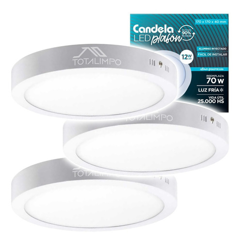 3 Plafones Led Redondos Con Base 12w Luz Fría Candela 6831