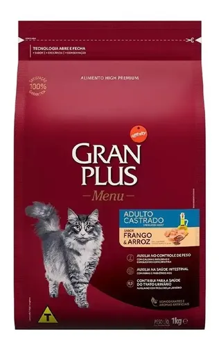 Ração P/ Gato Castrado Sabor Frango E Arroz 1kg Gran Plus