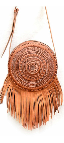 Bolsa Boho Con Fleco De Cuero Artesanal Redonda Western