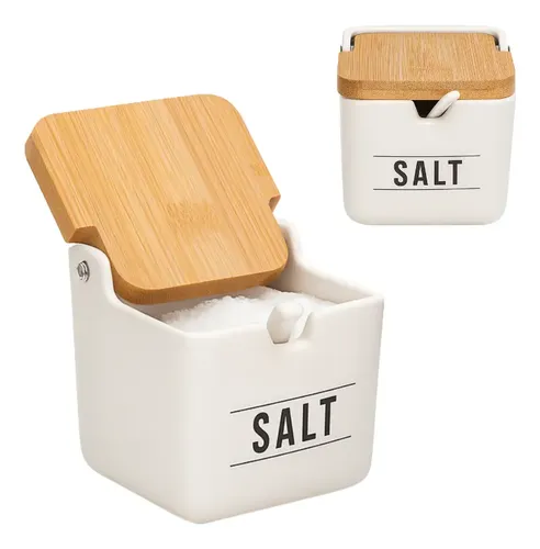 Saleiro De Porcelana Manhattan Quadrado 270ml- Hauskraft Cor Branco ​Branco E Bambu