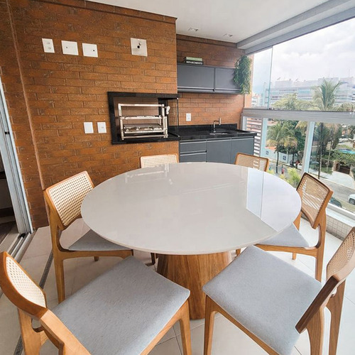 Mesa Jantar Cone Verniz Tampo Redondo Laca Com Vidro 135cm