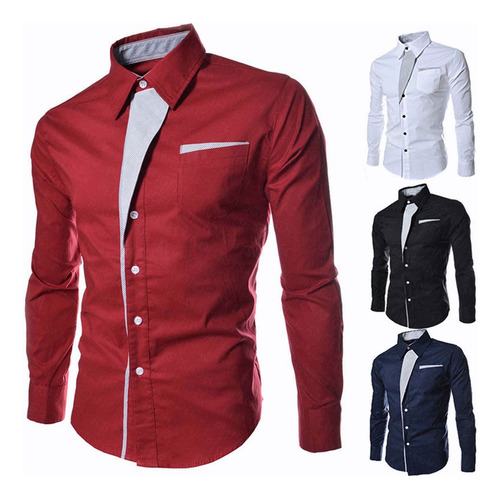 Camisa Slim Fit Cuello Mao Manga Larga Hombre Vestir Casual