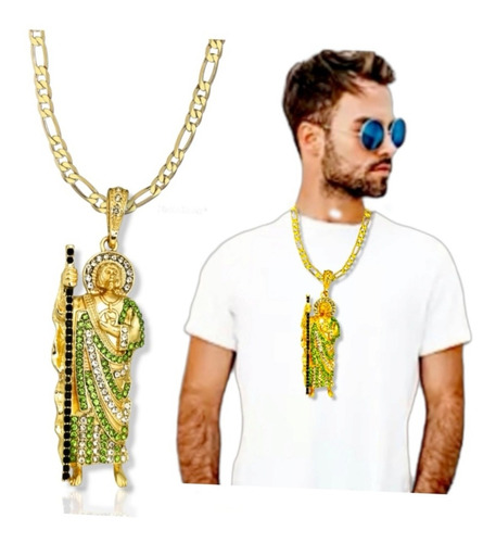 Collar San Judas Tadeo Verde 9cms Oro Laminado 